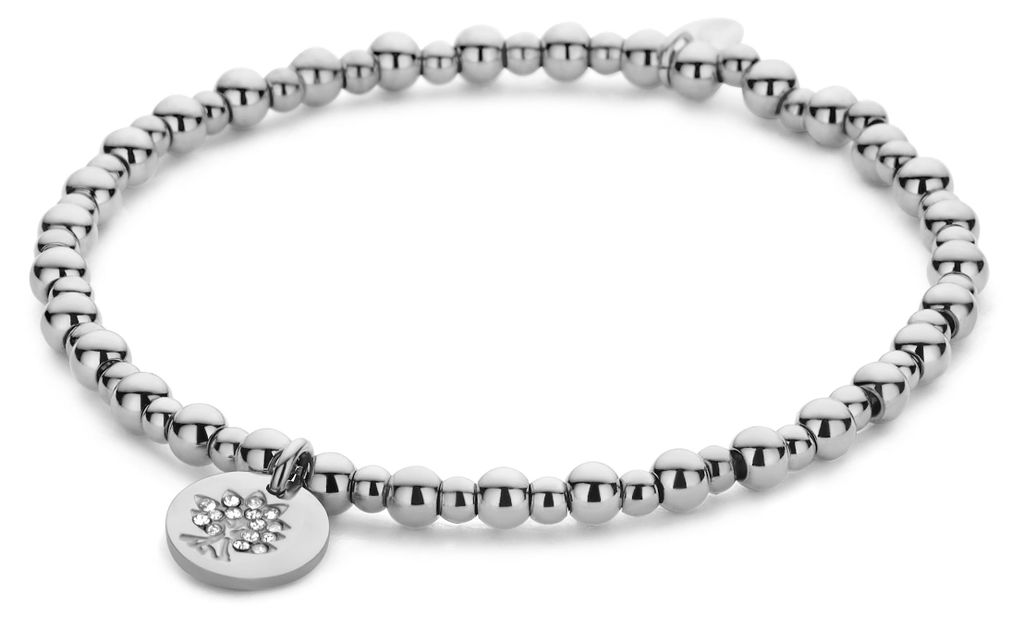CO88 Kollektion 8CB-91256 Armband aus Stahlperlen mit Anhänger – dehnbar – Lebensbaum 10 mm – Zirkonia – Perlen 3+4 mm – Stahl – silbe...