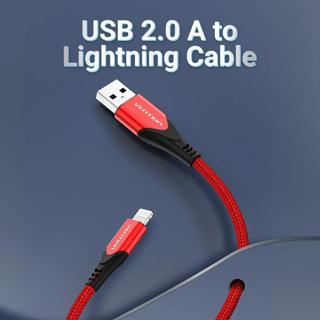 Câble Lightning MFi Anti-Rupture 2m Rouge Vention pour iPhone iPad - 2
