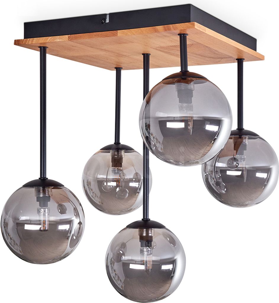 Isorella Deckenlampe aus Metall/Holz/Glas in Schwarz/Natur/Rauchfarben