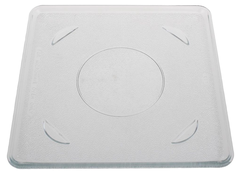 A clear, top-down view of a square glass turntable plate for a microwave.