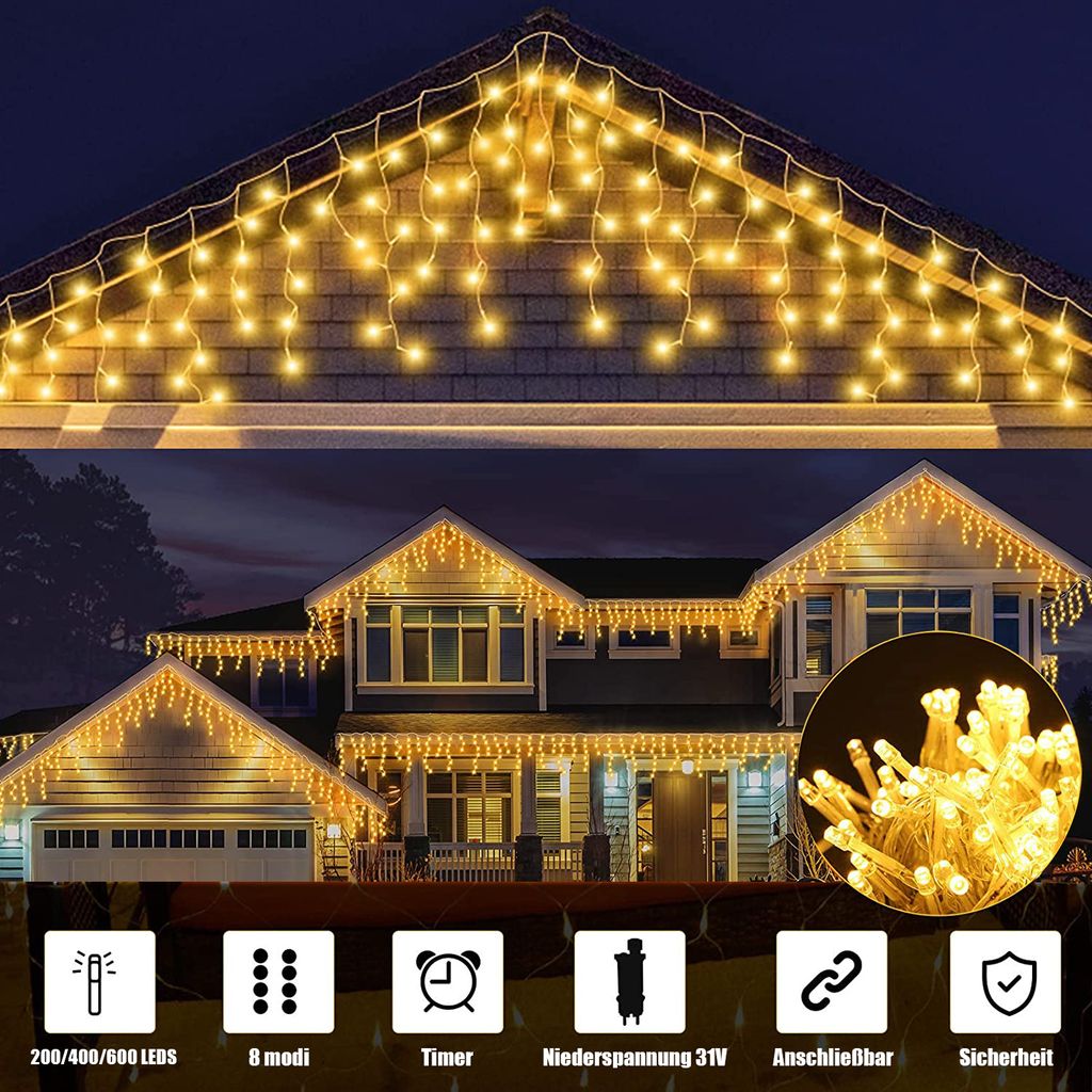 LED Eisregen Lichterkette warmweiß Weihnachten 200/400/600 LED Speicherfunktion