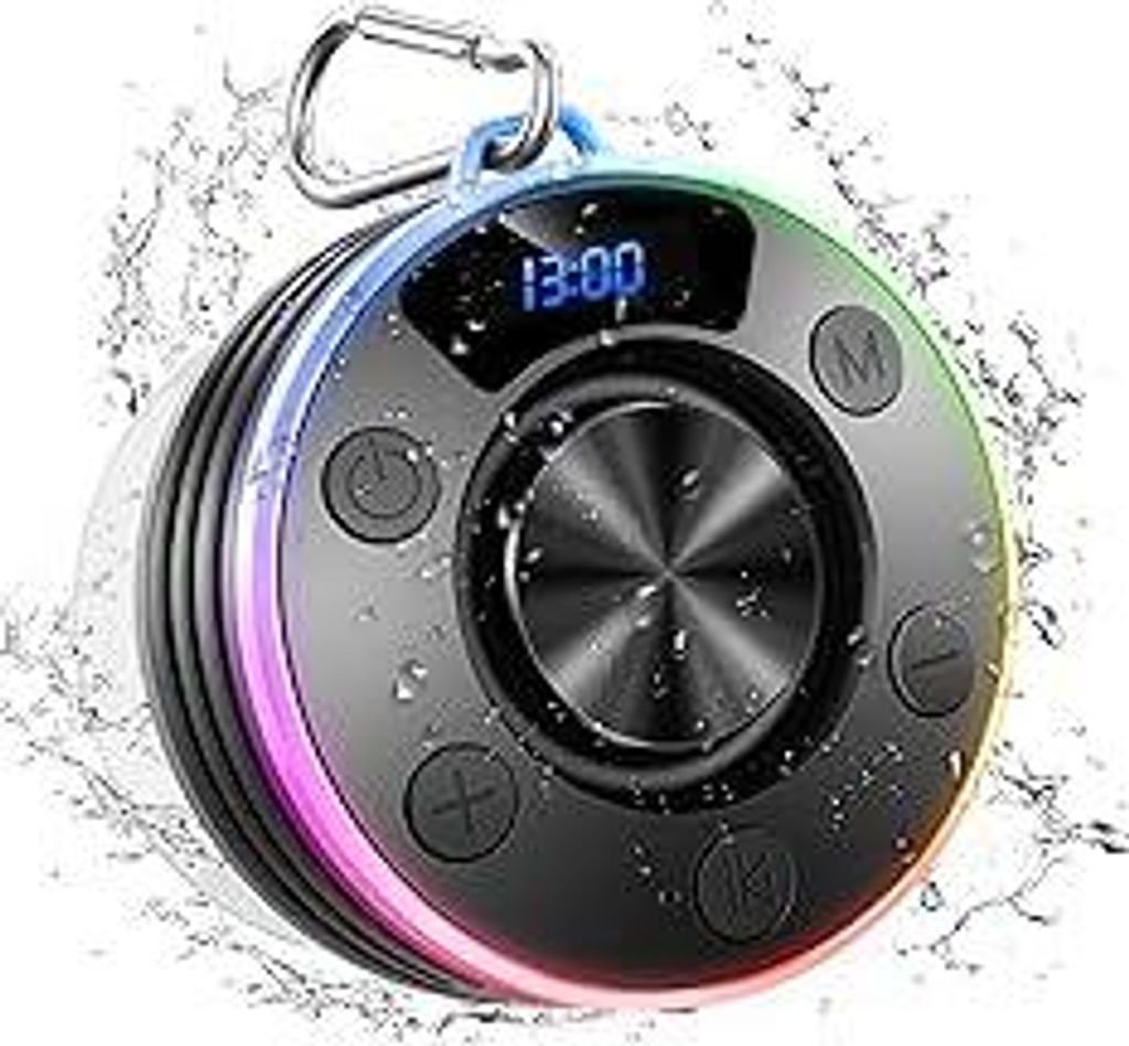 Wasserdichter Bluetooth Duschlautsprecher mit Zeitanzeige, IPX7 Waterproof Shower Speaker, Starker Bass, Saugnapf & Hakenclip, Freisprecheinrichtun...