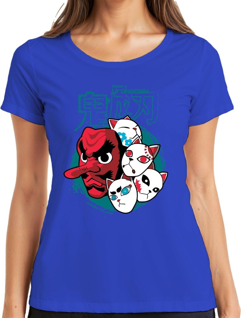 Tengu Maske Urokodaki Kitsune Masken Japan Anime Halloween Damen T-Shirt, Blau, XXL
