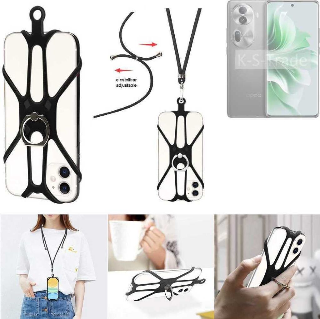 K-S-Trade 3in1 Handykette Handyband Handykordel Halsband Smartphone-Ring Handy-Ring kompatibel mit Oppo Reno11 Pro Fingerhalterung Handyring