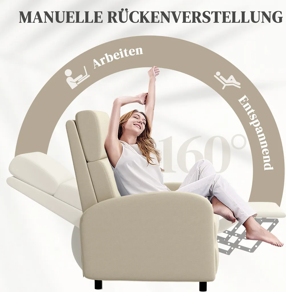 HOMCOM poltrona reclinabile Poltrona TV reclinabile con funzione di reclinazione Poltrona imbottita con schienale regolabile, reclinabile con aspetto lino, poggiapiedi per soggiorno camera da letto, bianco crema - 4