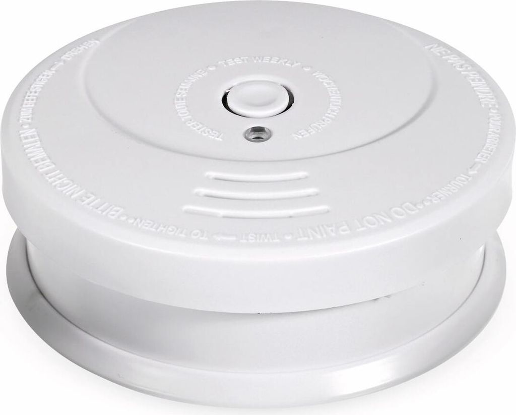 A white smoke detector is shown against a white background.
