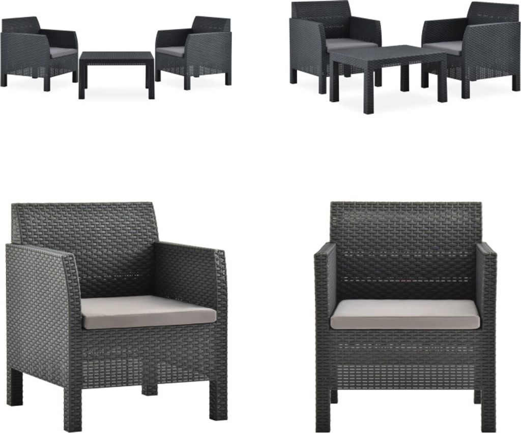 vidaXL 3 tlg. Garten Lounge Set mit Kissen PP Rattan Anthrazit - Garten-Lounge-Set - Garten-Lounge-Sets - Holz-Lounge-Set - Holz-Lounge-Sets