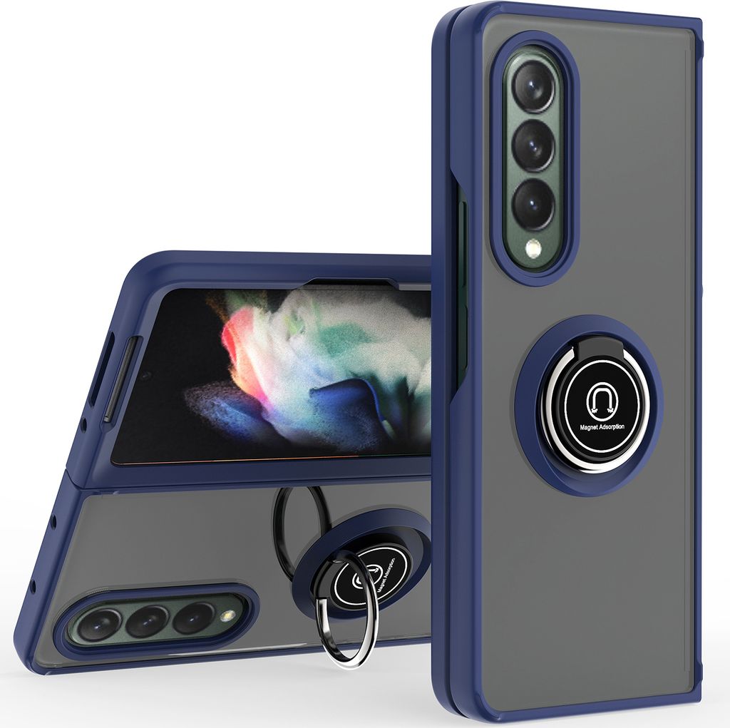 Samsung Z Fold4 Hülle, Ring Halter Ständer Matte Transluzent TPU Rahmen Stoßfest Schutzhülle für Samsung Galaxy Z Fold 4 5G Blau