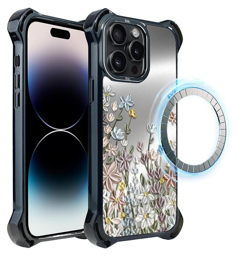 Schutzhülle für das iPhone 14 Pro Max, MagSafe-kompatibel, verstärkte Ecken, schwarz, Wiese, Blumen