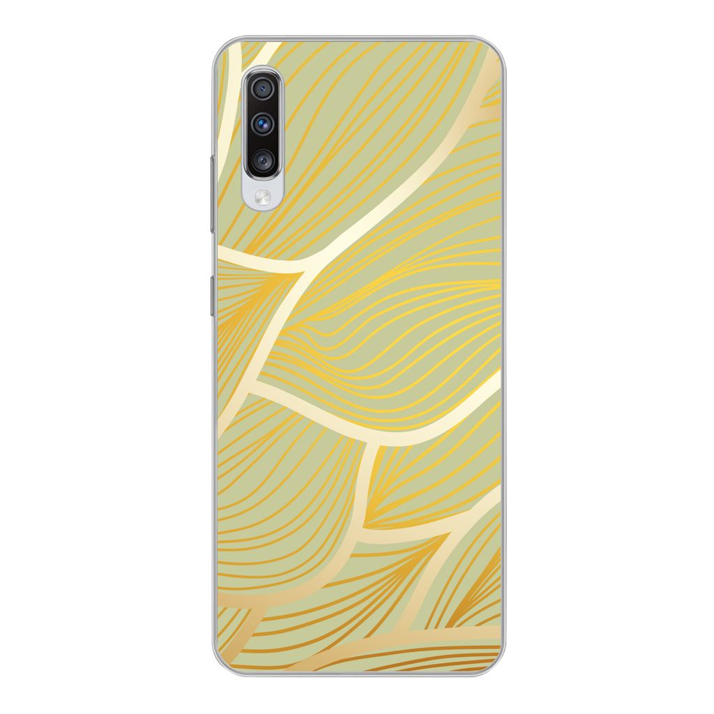 MuchoWow Handyhülle Schutzhülle Hülle für Samsung Galaxy A70 Goldene Wellen auf grünem Hintergrund Silikon Softcase Handy Hülle - Schutzhaube