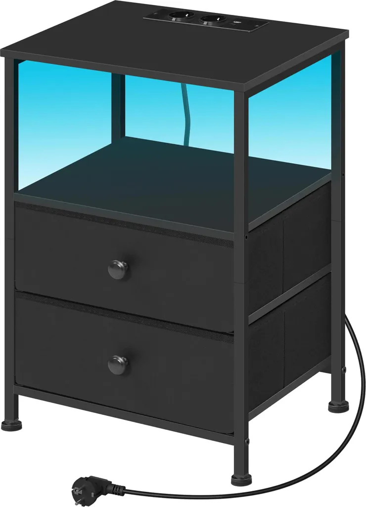 Table de chevet LED réglable et chargeur USB noir - Hauteur idéale 60cm