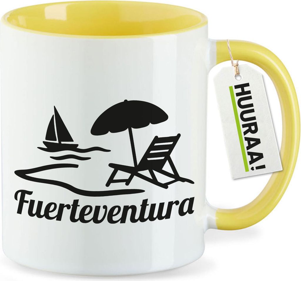 Huuraa Kaffeetasse Fuerteventura Inselmotiv Spanien 330ml Gelb Keramik Kaffeebecher Geschenkidee