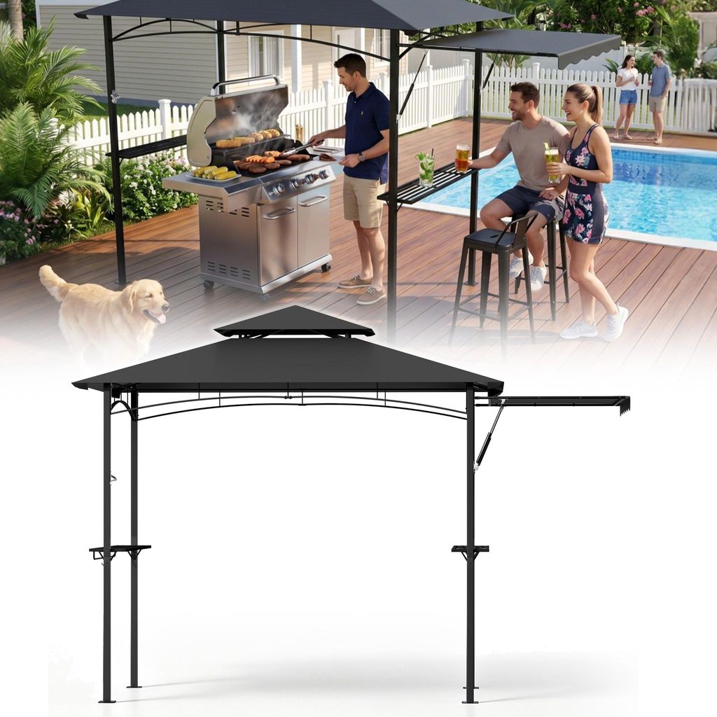 JOIEYOU Grillpavillon mit Seitenvordach & Doppeldach, Grillzelt Gartenpavillon mit Metallrahmen, UV-Schutz, Grau, 245x141x253 cm