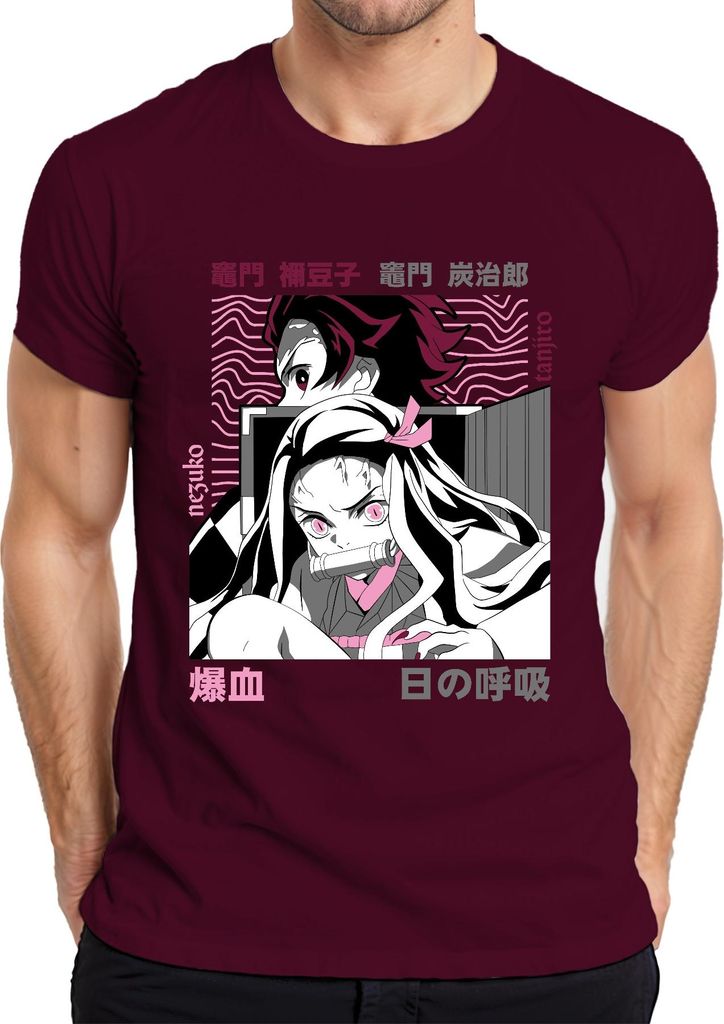 Kimetsu no Yaiba Nezuko Tanjiro Anime Dämonenjäger Japan Y2K Streetwear Pink Herren T-Shirt, Burgundy, L