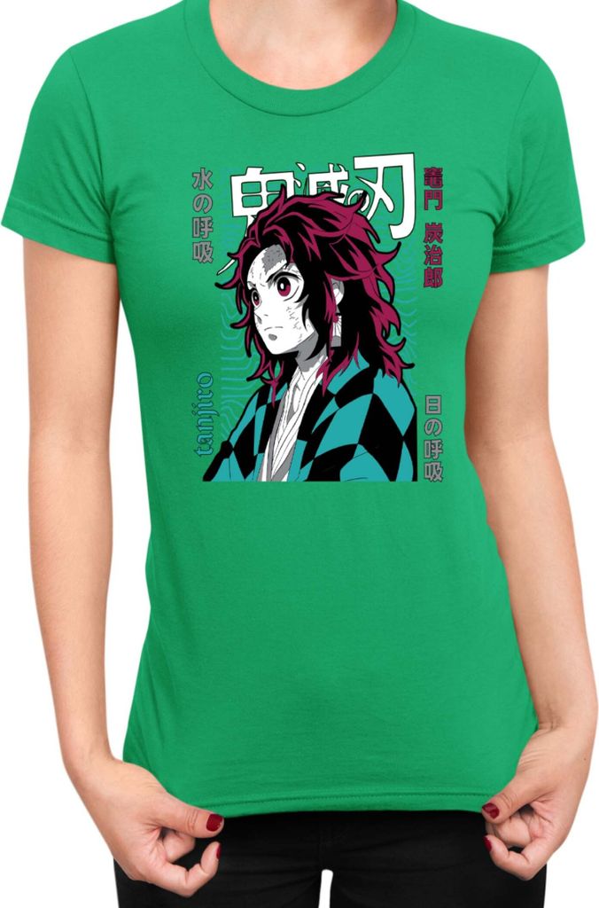 Damen T-Shirt Demon Anime Slayer Kimetsu No Yaiba Tanjiro Kamado 008, Lady XL / Grün