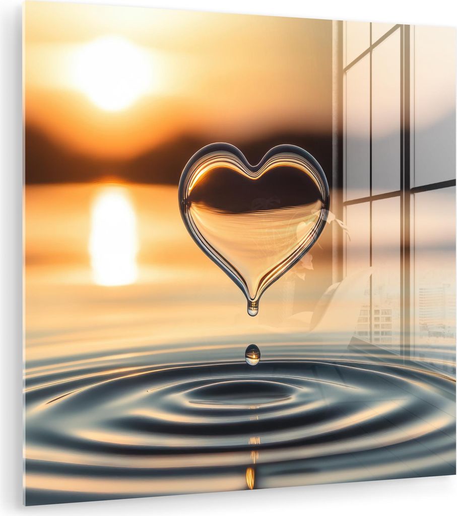 MuchoWow Glasbilder - Bilder auf Wandbild - Foto auf Glas Herz - Wasser - Sonnenuntergang - Natur - Zen 40x40 cm Wanddekoration aus Glas - Acrylgla...