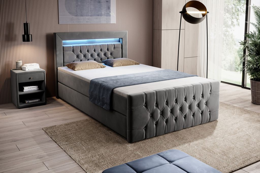 Moebelfest Boxspringbett 120x200 cm mit Bunt LED-Beleuchtung: Polsterbett mit Bettkasten, Taschenfederkernmatratzen 7 Zonen, Topper sowie Kopf- und...
