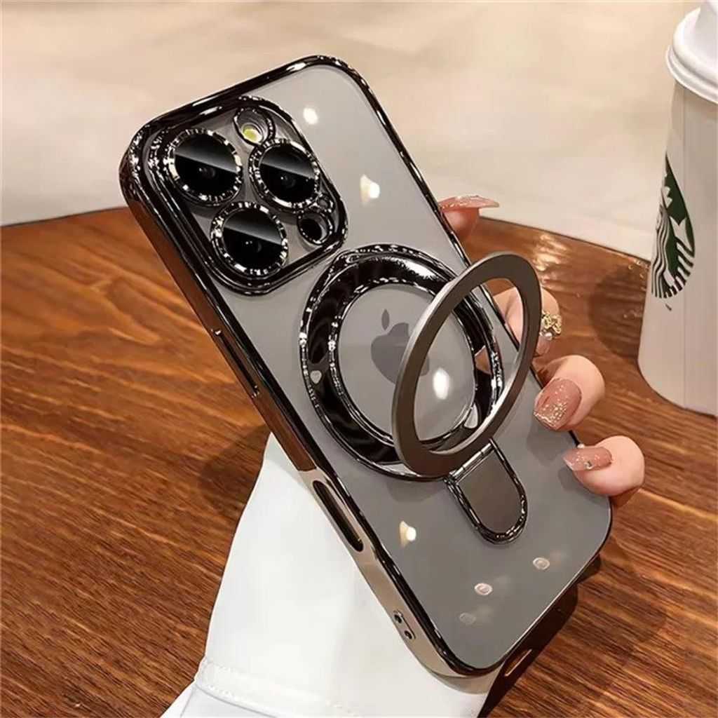 Luxus Case Hülle Für MagSafe mit Halterung Für iPhone 15 Pro Max Magnetische Ring Ständer Halter klar Acryl Clear TPU Abdeckung Grau