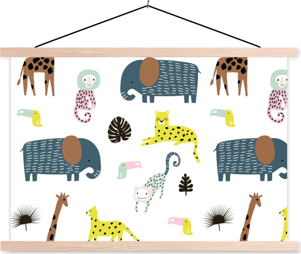 MuchoWow Textilposter Tiere - Wilde Tiere - Weiß 120x80 cm mit holzfarbenen Rahmen - Aufhängeset