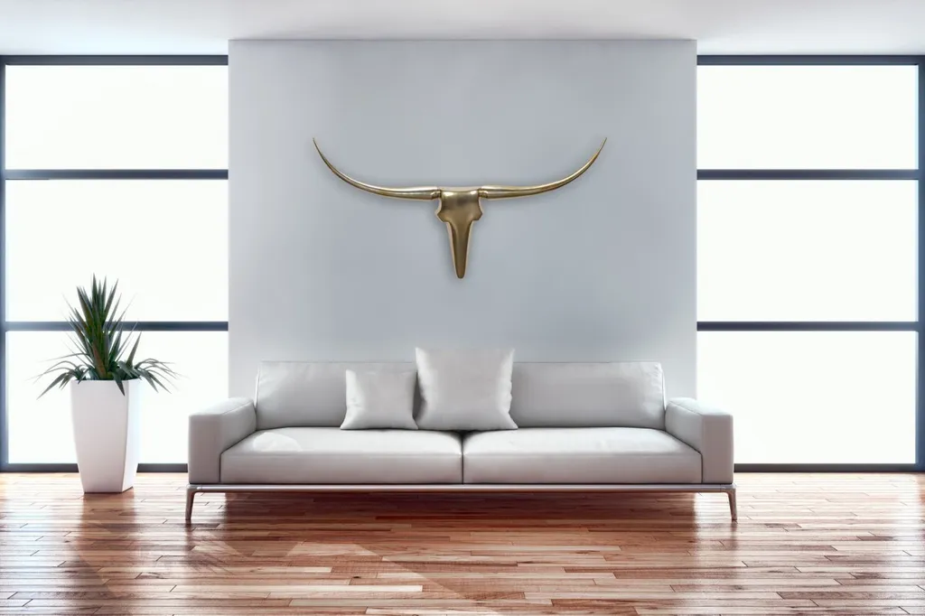 FineBuy Décoration Murale Bois de Cerf Bull L 125 cm Aluminium Doré