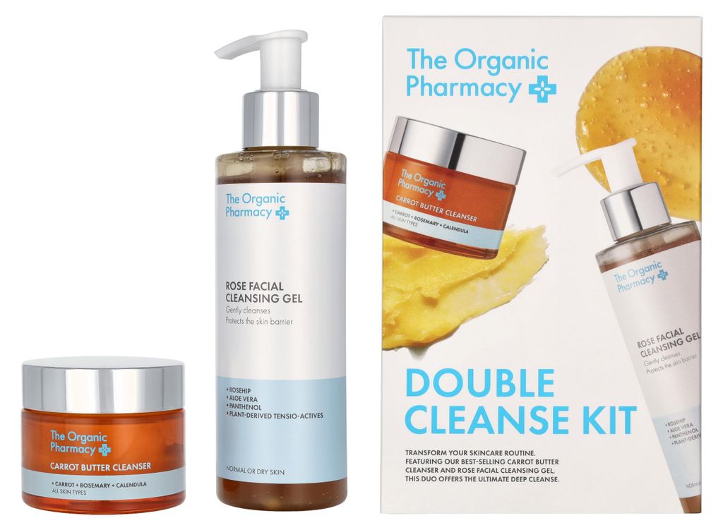 The Organic Pharmacy Double Cleanse Set Carrot butter Cleanser 50 ml/Rose Facial Cleansing Gel 200 ml 250 ml