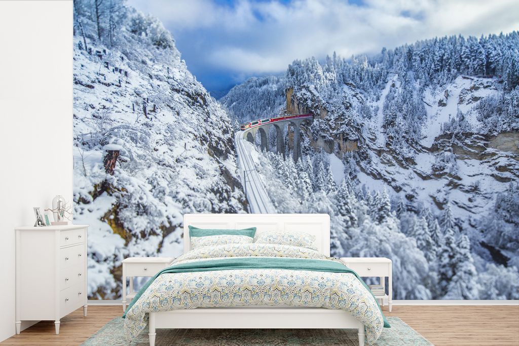 MuchoWow Fototapete für Wohnzimmer oder Schlafzimmer Wandtapete Vinyl Motivtapete Mit dem Zug durch die Winterlandschaft der Schweiz - 600x400 c...