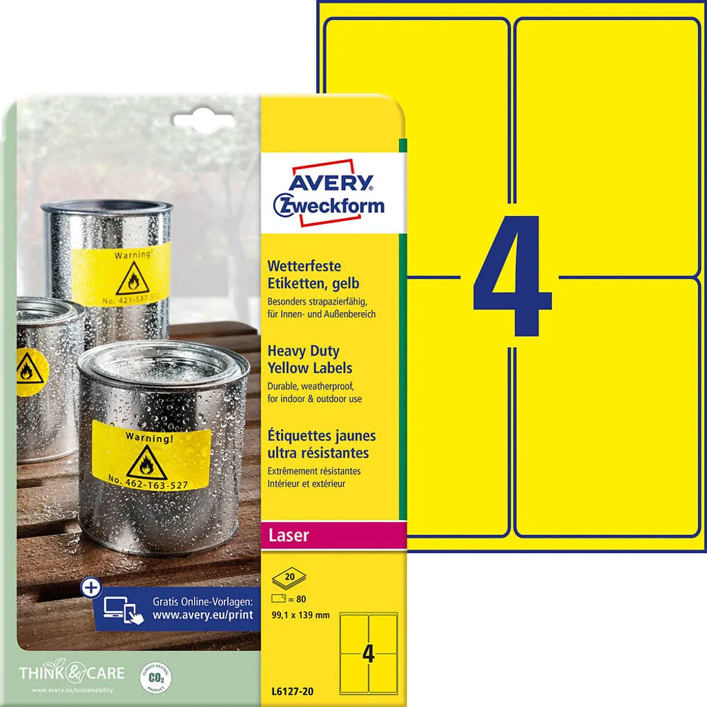 Avery L6127-20 Etichette Industriali Gialle 99,1x139mm - 20 Fogli Laser