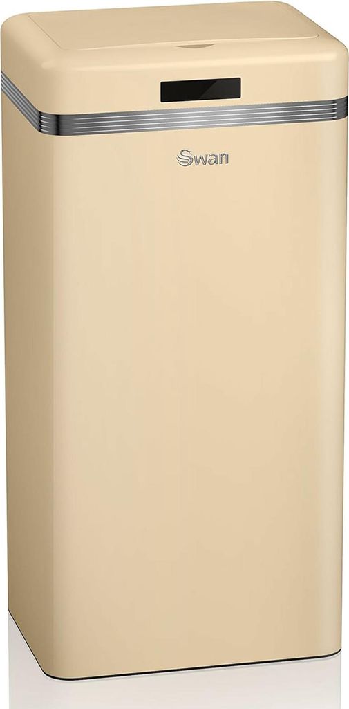 A cream-colored retro-style trash can with a silver trim and a small black sensor panel on the front.