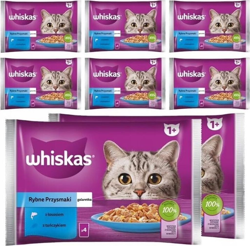 Whiskas Nassfutter Adult 1+ Fisch-Auswahl in Gelee mit Lachs und Thunfisch, 32 Portionsbeutel à 85g (8x4x85g), Hochwertiges Nassfutter für ausgew...