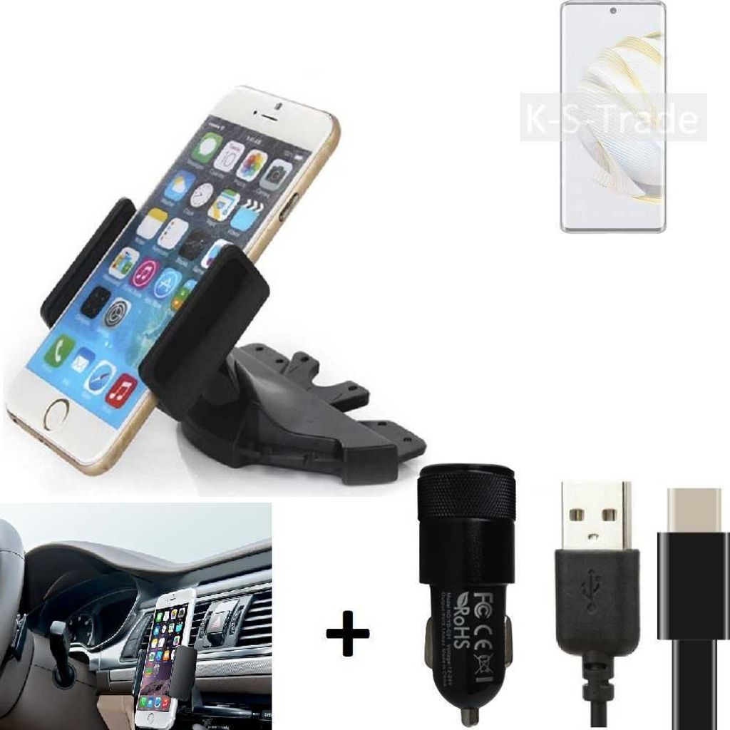 K-S-Trade CD Schlitz Handy-Halterung kompatibel mit Huawei nova 10 Autohalterung KFZ-Halter Radio Handy Halterung 360° drehbar CD-Schacht inkl. USB-C