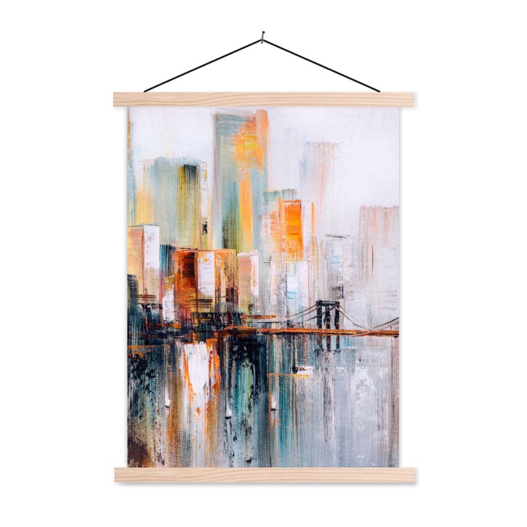 MuchoWow Textilposter Ölgemälde - Skyline - Abstrakt 120x160 cm mit holzfarbenen Rahmen - Plakatkarton