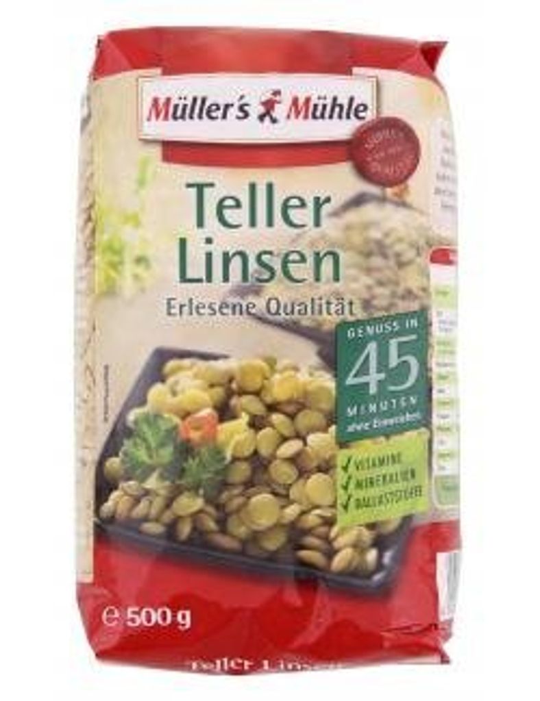 A bag of Müller's Mühle Teller-Linsen (plate lentils) is shown against a white background.