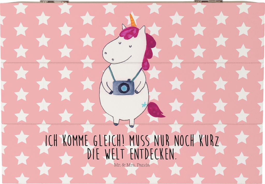 Mr. & Mrs. Panda Box Einhorn Fotograf 22 x 15 cm - Rot Pastell - Geschenk, Unicorn, fotobox, Kamera, Aufbewahrungsbox Holz, Schatzkiste, Kiste, Url...
