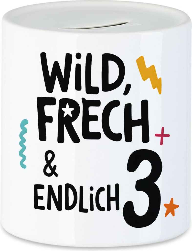 Wild frech endlich 3 Spardose – Lustige Spardose für Kinder zum 3. Geburtstag