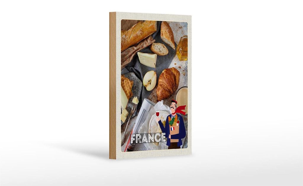 Holzschild Reise 12x18 cm Frankreich Camembert Croissant Birne