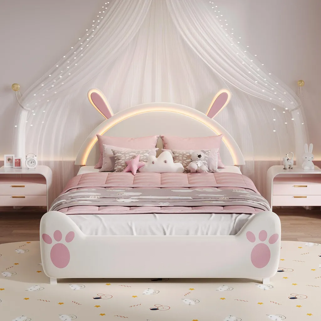 Lit enfant 140x200cm avec LED et tête de lit lapin en tissu beige