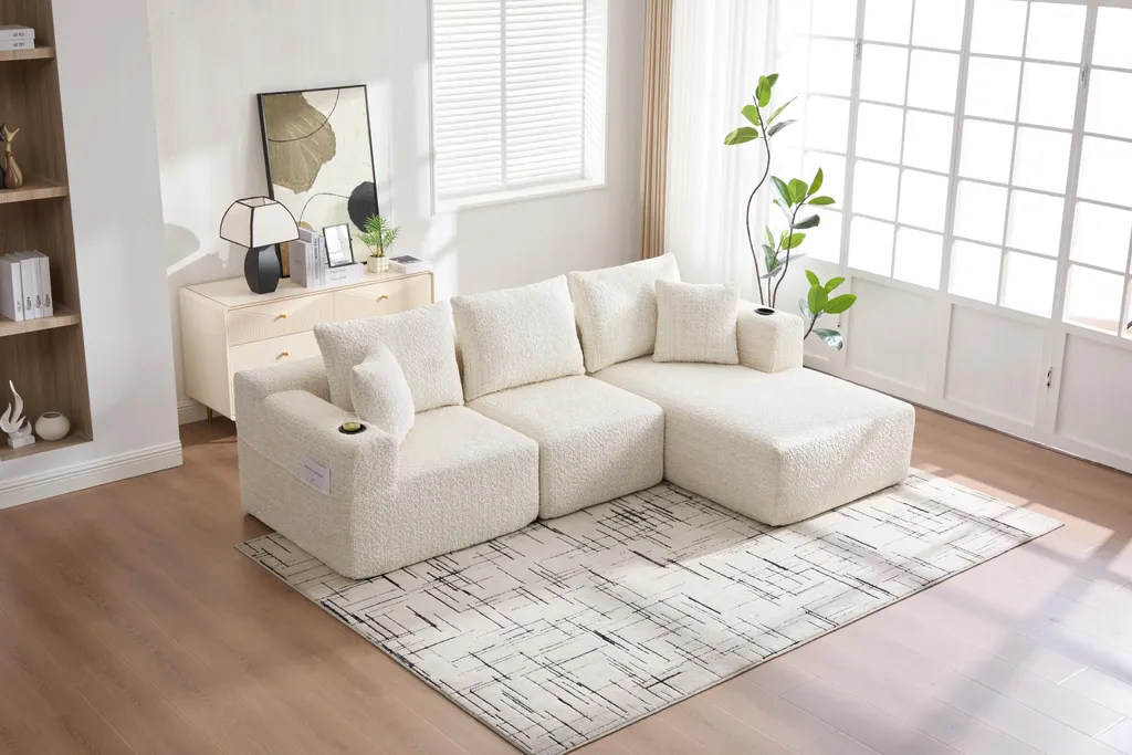 Canapé d'angle modulaire 261x165 cm en chenille beige avec mémoire de forme - 3