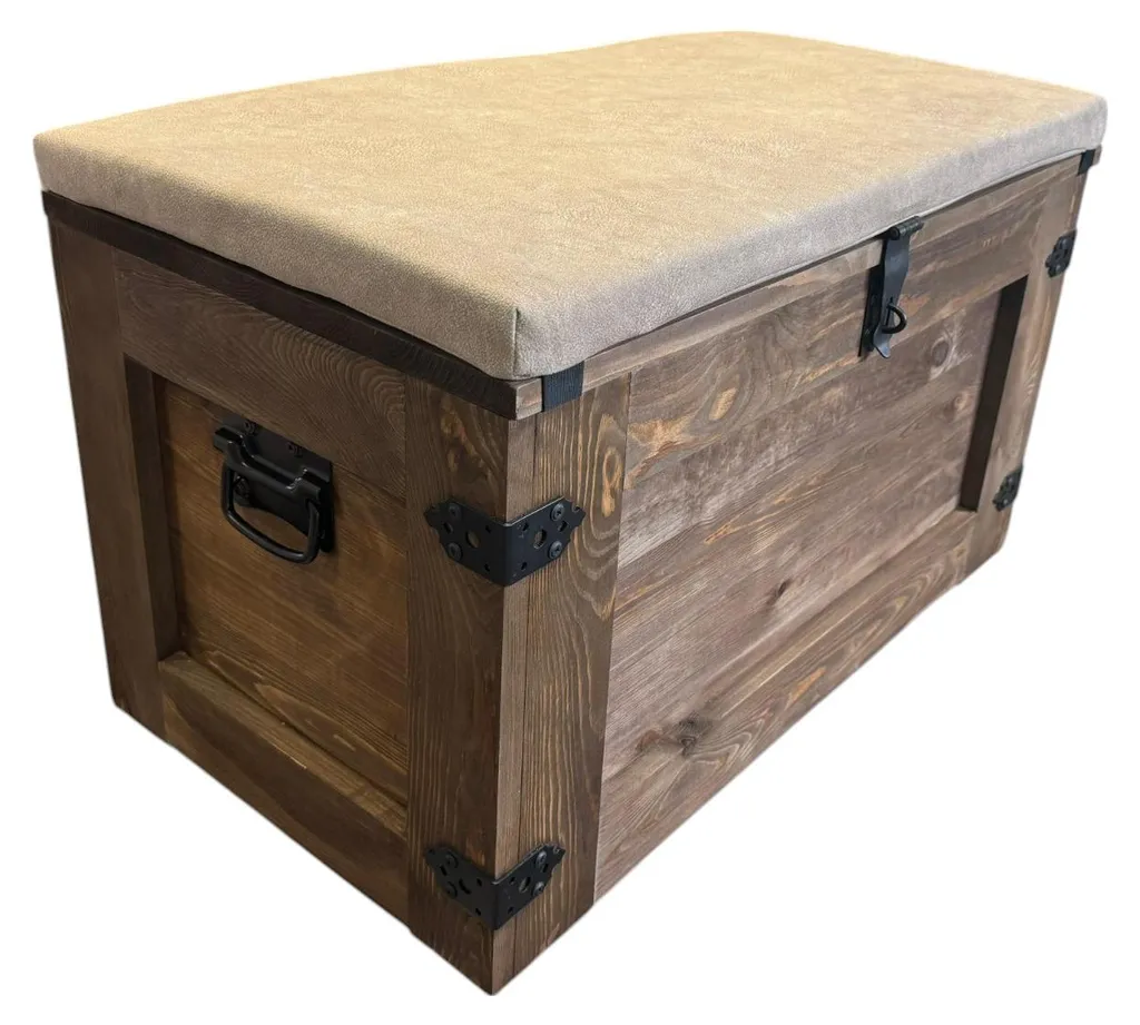 Banc de rangement en bois style rustique et coffre mobile sur roues