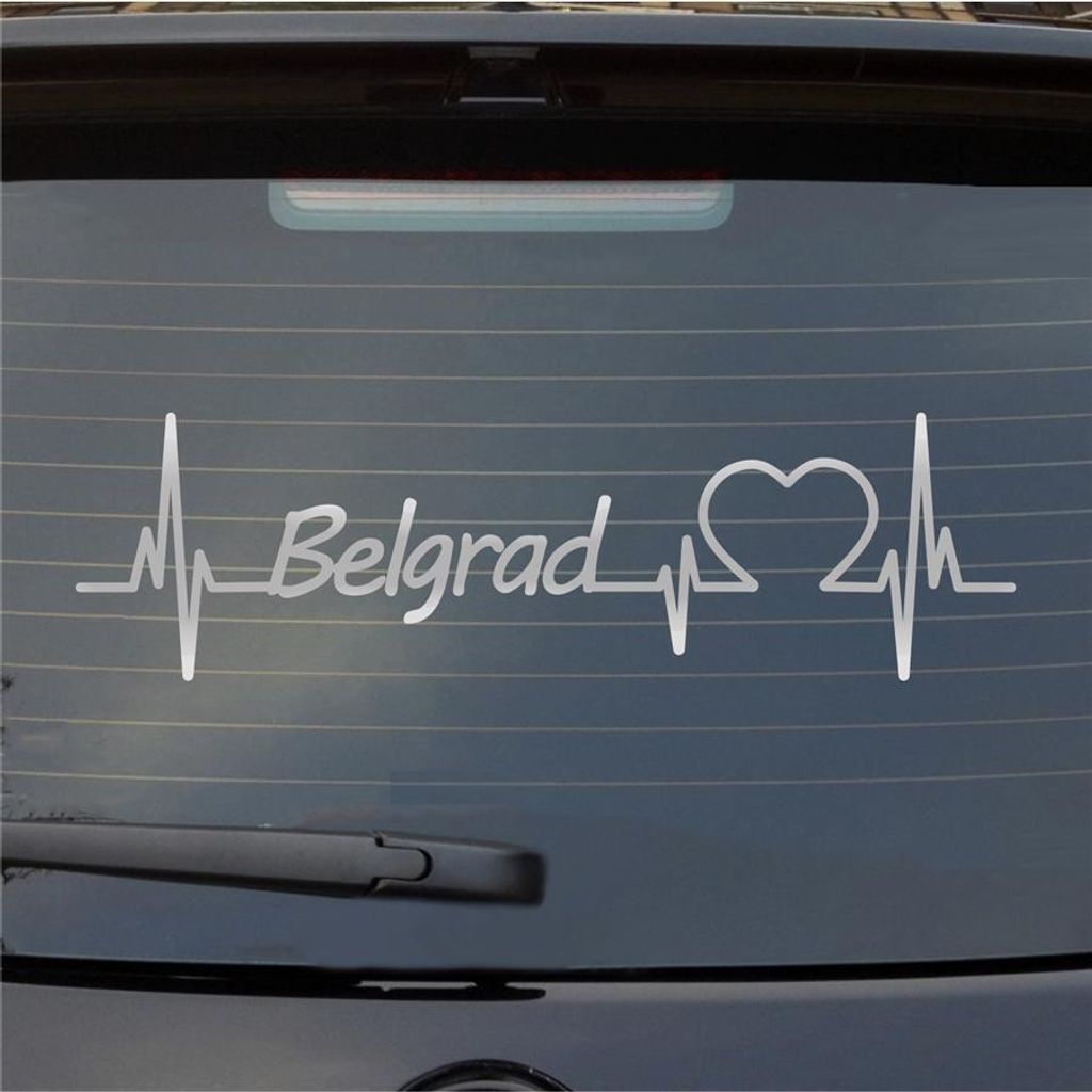 Heckscheibenaufkleber Belgrad Herzschlag Puls Stadt Liebe 55x16 cm Silber Auto Aufkleber Sticker
