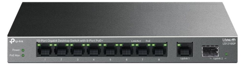 A front view of a TP-Link network switch.