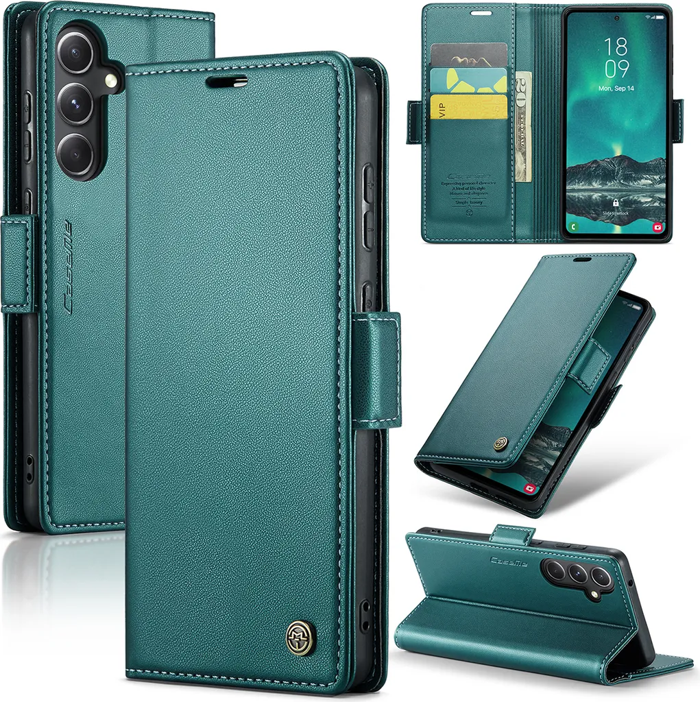 Custodia Samsung S23 FE Verde: Portafoglio RFID e Stand per Video