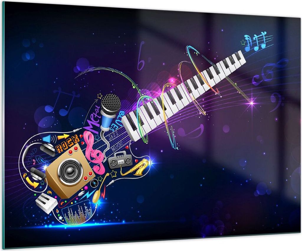 Bilder auf glas - Gitarre Instrument Musik Notiz - 100x70cm - Glasbilder - Wandbilder - Kunstdruck - zum Aufhängen bereit - Wanddekoration aus Gla...