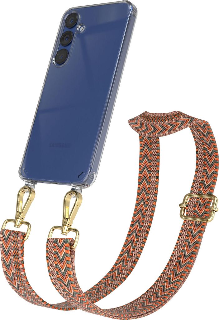 Samsung Galaxy S25 Plus / S24 Plus Chain Eyelets Slim Neck Strap Set Zig Zag Orange - Green 9 Metall Gold