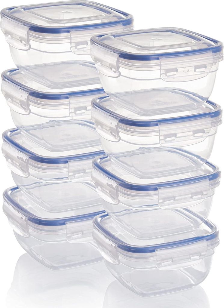 Set von 8 Kunststoff-Lebensmittelbehältern - quadratische, stapelbare Container mit Deckel für frische Lebensmittel