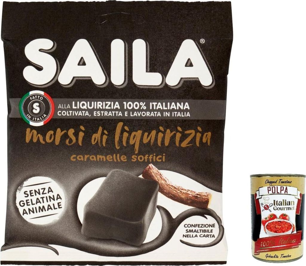6x Saila Morsi di Liquirizia, Bonbons Süßigkeiten Lakritze, 100% italienisches Lakritze 100g + Italian Gourtmet polpa 400g