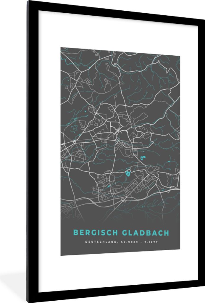 MuchoWow Gerahmtes Poster Stadtplan - Deutschland - Blau - Bergisch Gladbach - Karte 60x90 cm - Poster mit Schwarzem Bilderrahmen Wandposter Rahm...