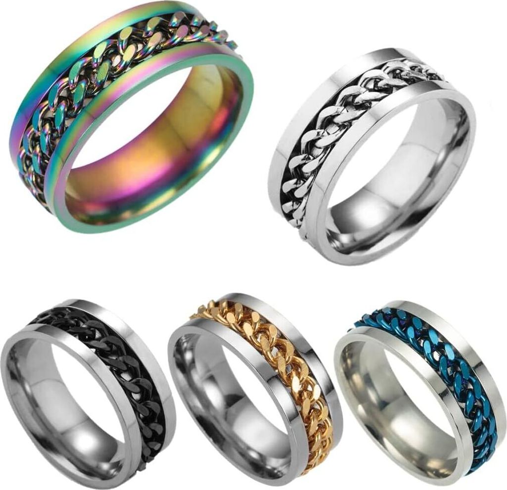 5 Stücke Edelstahl Ringe, Vintage Breit Ringe mit Kette Ringe, 19/20/21/22/23mm Innen-Durchmesser Drehbarer Ringe für Herren Damen 5 Farben, Bier...