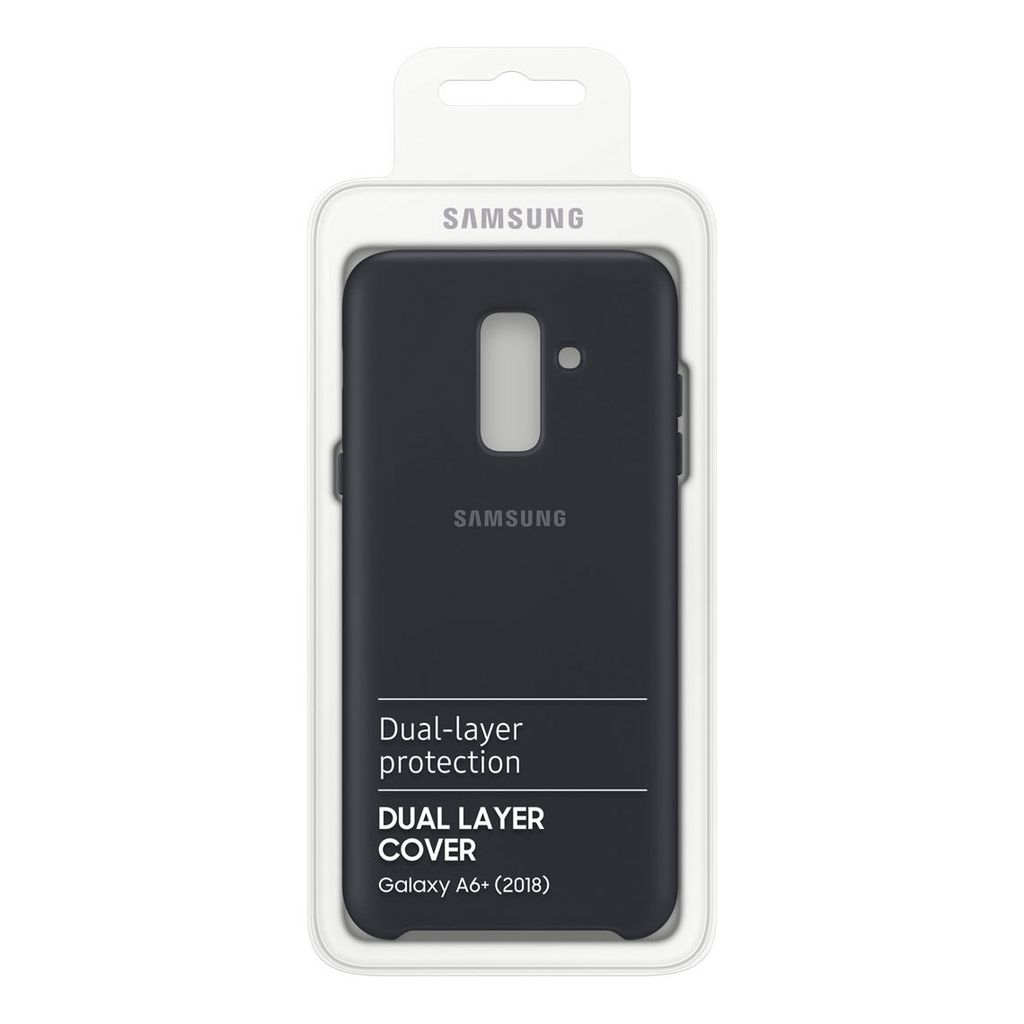A black Samsung dual layer cover for a Galaxy A6+ (2018) phone, presented in its retail packaging.