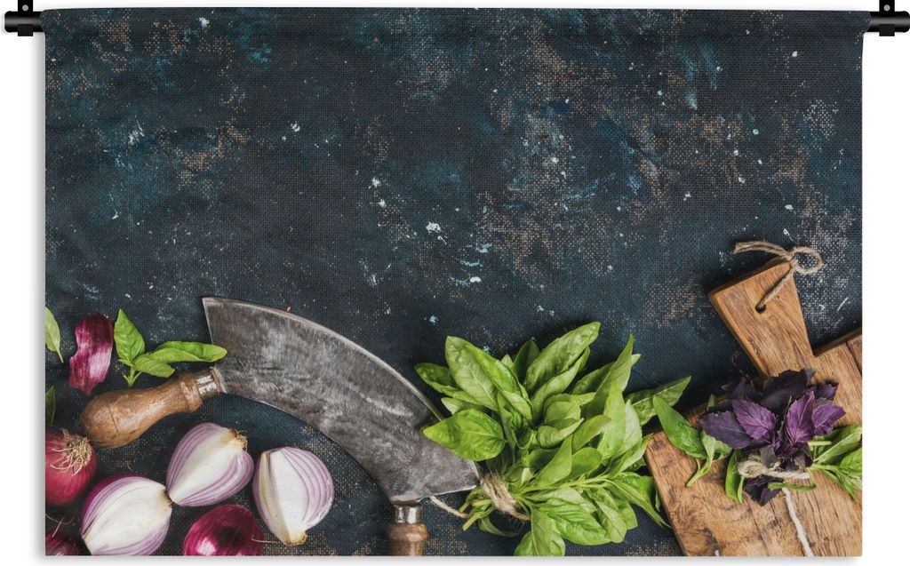 MuchoWow Wandteppich Wandbehang Gemüse - Kräuter - Wiegemesser - Zwiebel - Gewürze - Rustikal 60x40 cm Tapisserie Dekoration Wandtuch - Wandde...