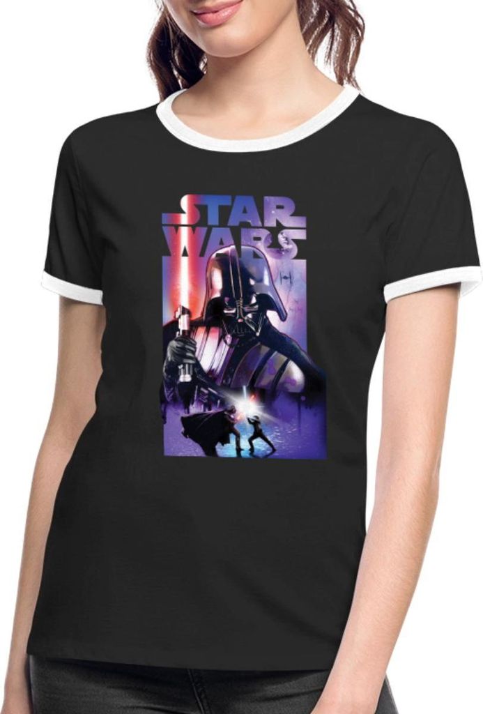 Star Wars Darth Vader Mit Rotem Lichtschwert Frauen Kontrast T-Shirt, L, Schwarz/Weiß